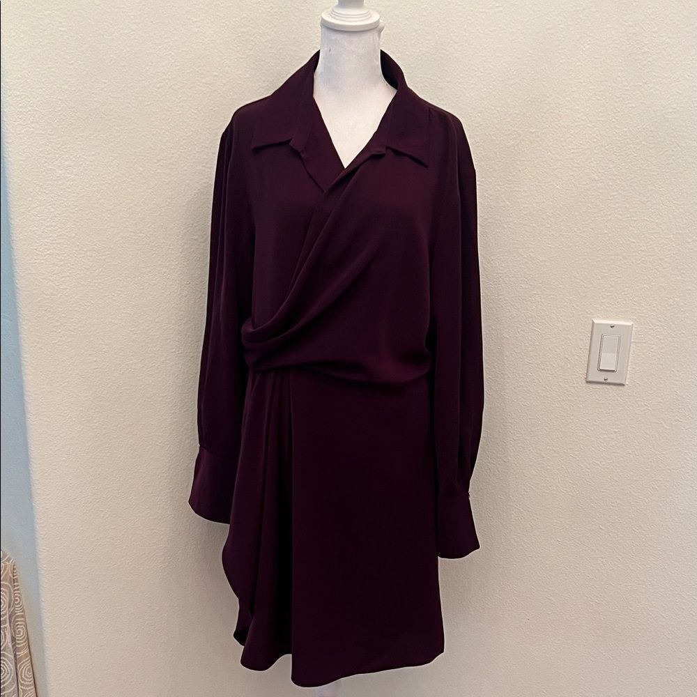 DKNY purple dress szM pleated long sleeves with cuffs faux wrap front EUC - Picture 3 of 17